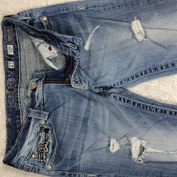 Miss Me Style JE1098BL Blue Light Wash Distressed Mid Rise Boot Cut Denim Jean - Picture 6 of 15